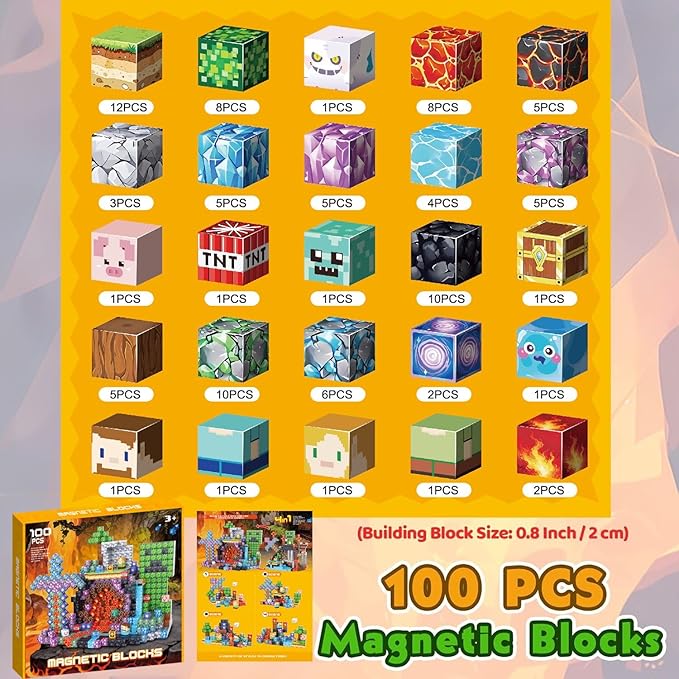 UGY 100PCS Magnetic Blocks - Build Mine Magnet World, Magnetic Building Blocks for Kids Ages 4-6 6-8 8-12, STEM Educational Sensory Toys for Boys & Girls