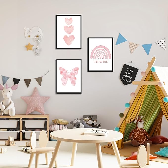 Pink Girls Nursery Wall Art Set of 3, Girl Toddler Room Wall Decor Paintings, Kids Rainbow Butterfly Love Prints Pictures for Baby Room Bedroom Decor 12x16 Inch Wood Framed