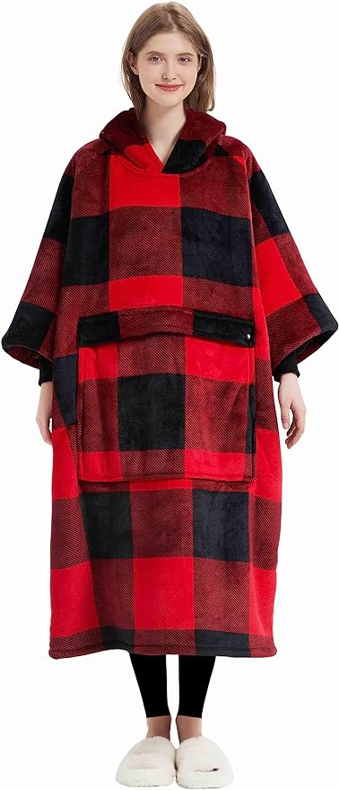 KFUBUO Wearable Blanket Hoodie for Adult Long Sherpa All Patterns Red Plaid Oversized Hoodie Sweatshirt Blanket Christmas Gift Ideas