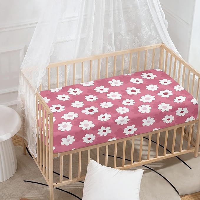 Pink Daisy Fitted Crib Sheet for Boys Girls Floral Traditional Folk Art Flower Baby Sheet for Standard Crib and Toddler Cute Nursery Bed Mattress Sheets 28"x52"