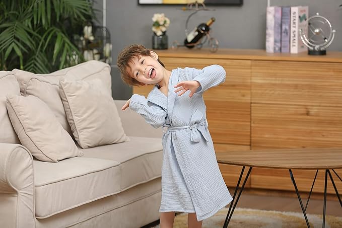 Organic Cotton Toddler Bathrobe, Soft and Breathable Baby Robe for Kid, Boy& Girl Hooded Robe Muslin