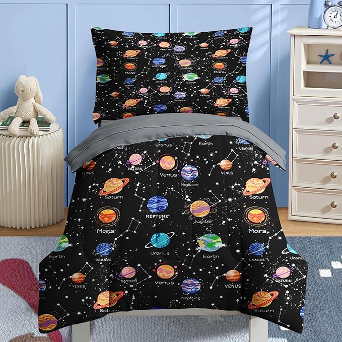 Nesker 4 Pcs Comforter Set Toddler Size, Cute Space Galaxy Bedding for Kids Teen, Planets Moon Stars Bed Sheet with Pillowcase & Sham