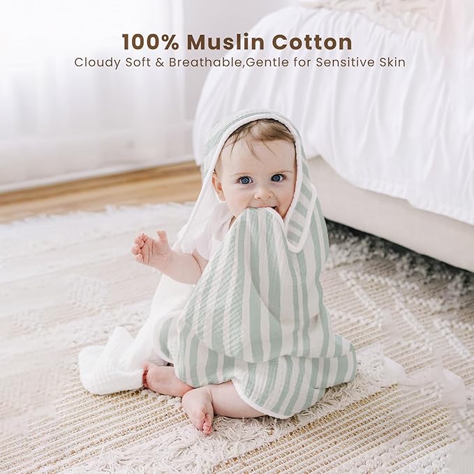 Konssy 2-Pack Muslin Hooded Baby Towels, 100% Cotton, Ultra-Soft & Absorbent Baby Bath Towels with Hood for Newborn & Infant (Green, Stripe, 32" x 32")