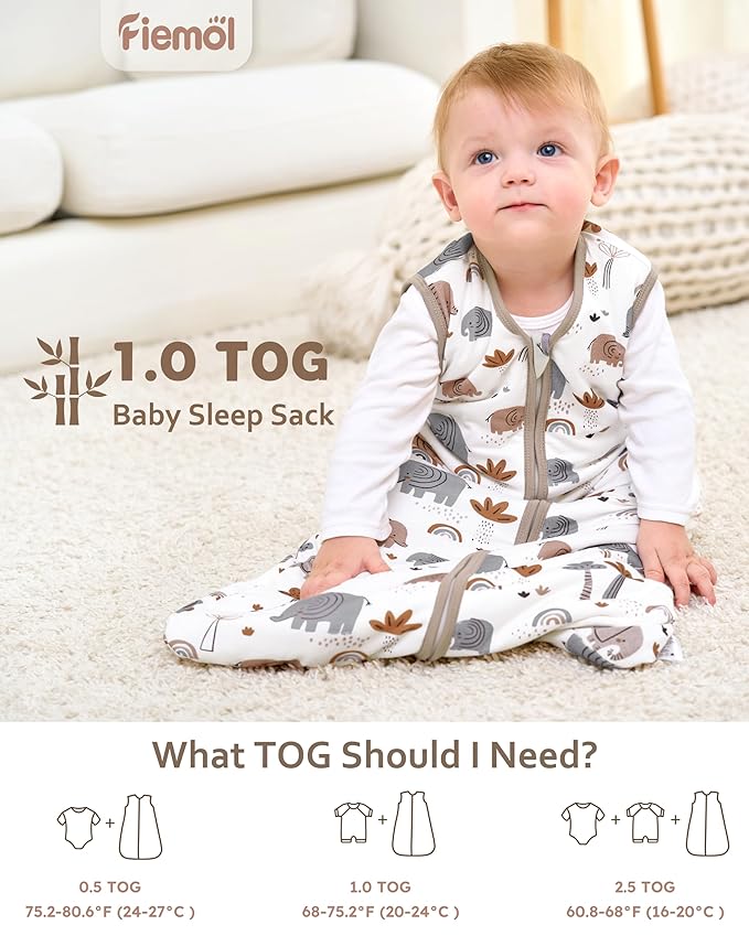 Rayon Made from Bamboo Baby Sleep Sack 0-6 Months, 1.0 Tog Baby Wearable Blanket, Soft Sleeping Bag for Newborn Infant Babies with 2-Way Zipper 2 Pack (Small) Grey Elephant