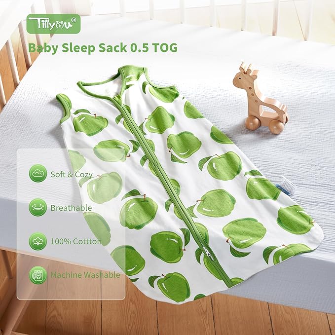 TILLYOU 2 Pack Baby Sleep Sack 18-24 Months 100% Cotton Wearable Blanket 0.5 TOG Sleeveless Summer Sleep Sacks with 2-Way Zipper, Green Apple & Fruit Green