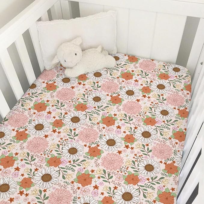 Retro Boho Floral Baby Crib Sheet 52''x28'' Vintage Flowers Stretchy Fitted Crib Mattress Sheet for Boy Girl Wild Flowers Summer Soft Baby Nursery Bed Sheets for Standard Crib and Toddler Mattress