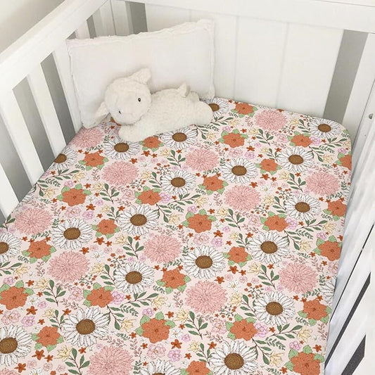 Retro Boho Floral Baby Crib Sheet 52''x28'' Vintage Flowers Stretchy Fitted Crib Mattress Sheet for Boy Girl Wild Flowers Summer Soft Baby Nursery Bed Sheets for Standard Crib and Toddler Mattress
