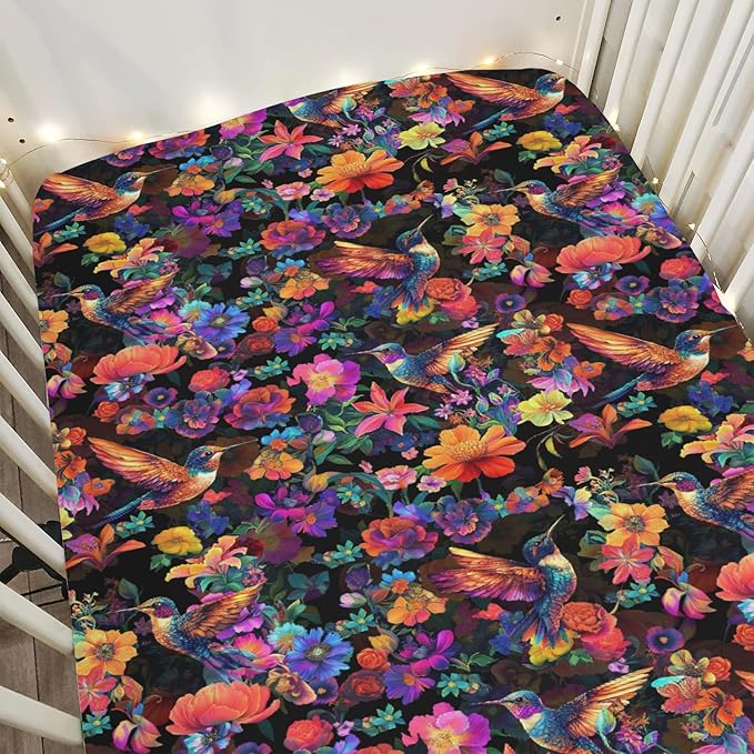 Garden Hummingbirds Blossom Baby Crib Sheets for Boy Girl 52x28Inch Tropical Birds Floral Soft Stretchy Fitted Crib Mattress Cover Colorful Spring Baby Sheet for Crib & Toddler Bed Mattresses