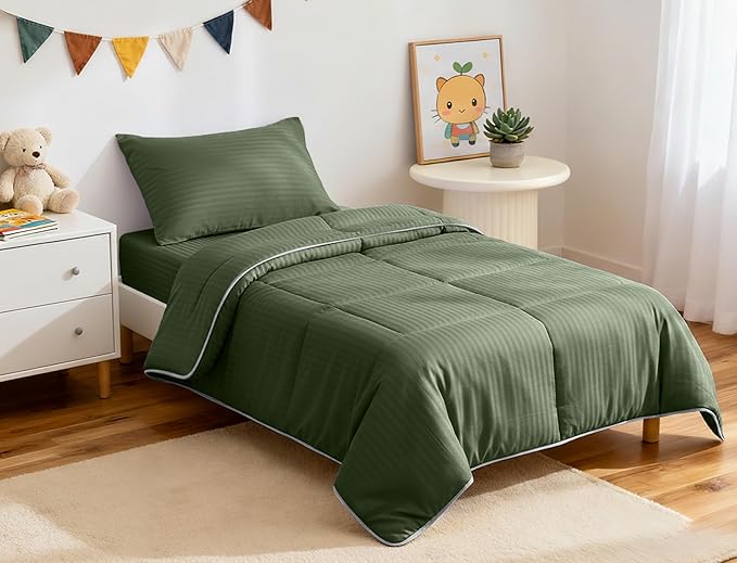 ZPECC Toddler Bedding Set - 4 Piece Hypoallergenic Baby Crib Bedding Set for Boys and Girls, Includes Toddler Comforter, Flat Sheet, Fitted Sheet and Pillowcase, Olive Green