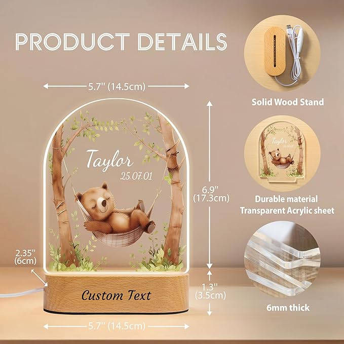 IOUMAM Personalized Baby Gifts for Kids Cute Bear Name Night Light for Boys Girls, Custom LED Acrylic Plaque Lamp for Toddler, Christmas Newborn Baby Shower Gifts for Children's Room Nursery Decor