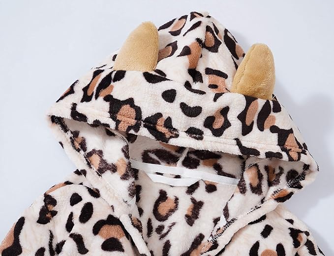 Topgal Leopard Cat Robe for Girls Fleece Toddler Kids Teen Hooded Bathrobe Size 4T-18