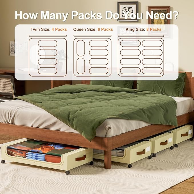 GoMaihe Under Bed Storage with Wheels: XXL Underbed Storage Containers with Lids - Rolling Bins for Shoes Clothes in Dorm Bedroom - Metal Drawers Easy Pull-out Beige 2-Pack
