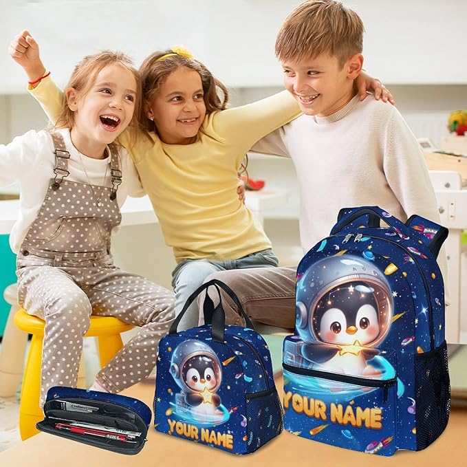 Custom Backpack - Penguin Backpacks with Lunch Bag for Girls Boys - Planet Bookbag for Kids Toddler - Personalized School Bag Set for Kindergarten/Preschool/Elementary(17 Inch)