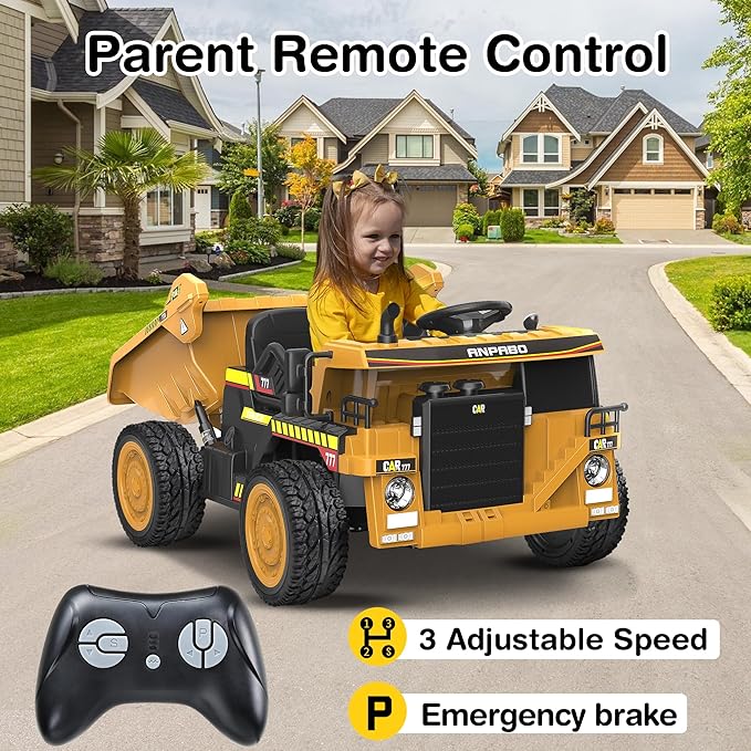ANPABO 24V Ride On Dump Truck, 2X75W Powerful Motors, Up to 4.4Mph, EVA Tires, Construction Vehicle w/Electric Dump Bed and Extra Shovel, 19" Spacious 2 Seater, Kids Car w/Parent Remote -Yellow