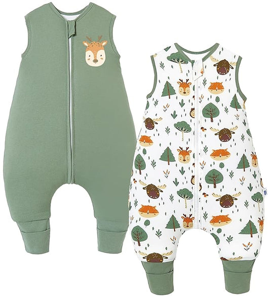 Toddler Sleep Sack with Feet 4-5 T, 2.5 TOG Cotton Baby Wearable Blanket with Legs, Winter Sleep Bag Walker with 2-Way Zipper, Forest Animals+Green