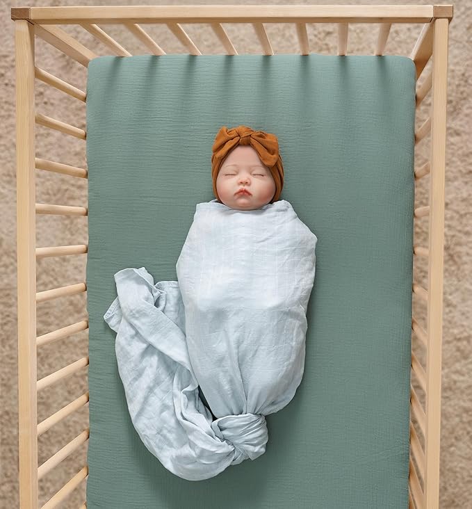 Meracorallo Muslin Fitted Crib Sheet, Soft and Breathable Baby Crib Sheet for Standard Crib and Toddler Mattresses, Roman Green
