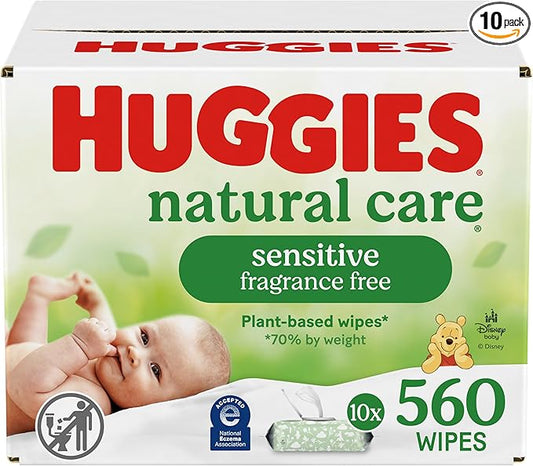 Huggies Natural Care Sensitive Baby Wipes, Unscented, Hypoallergenic, 99% Purified Water, 10 Flip-Top Packs (560 Wipes Total)