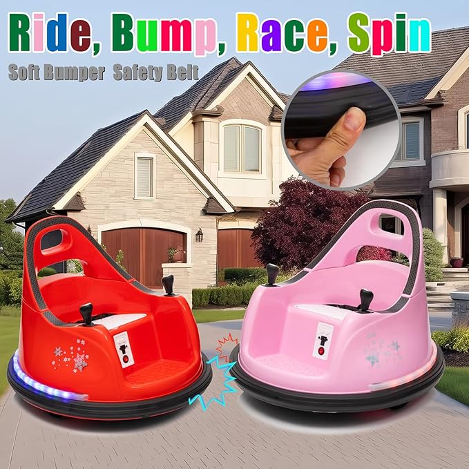 12V Kids Ride On Bumper car for Toddlers& Kids, Battery Powered Electric Vehicle Ride on Toys Car W/Parents Remote Control, Music, Bright Colorful LED Lights and 360° Spin, Red