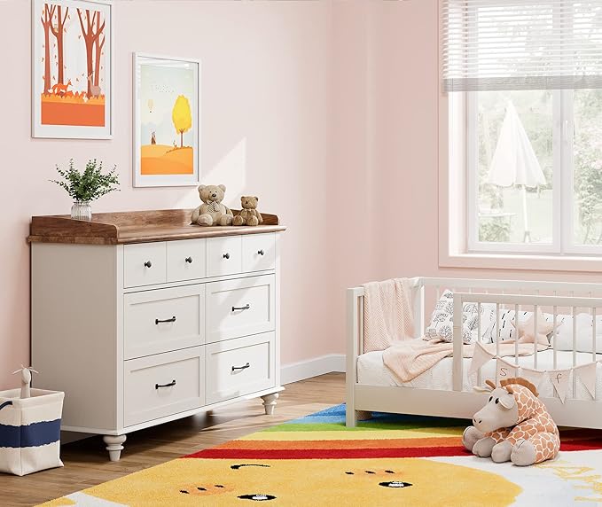 WAMPAT Dresser for Bedroom with 12 Drawers, White Baby Dressers with Wide Chest of Drawers, Mid Century Modern Wooden Kids Closet Storage Organizer, Large Dressers for Living Room, Nursery, Hallway