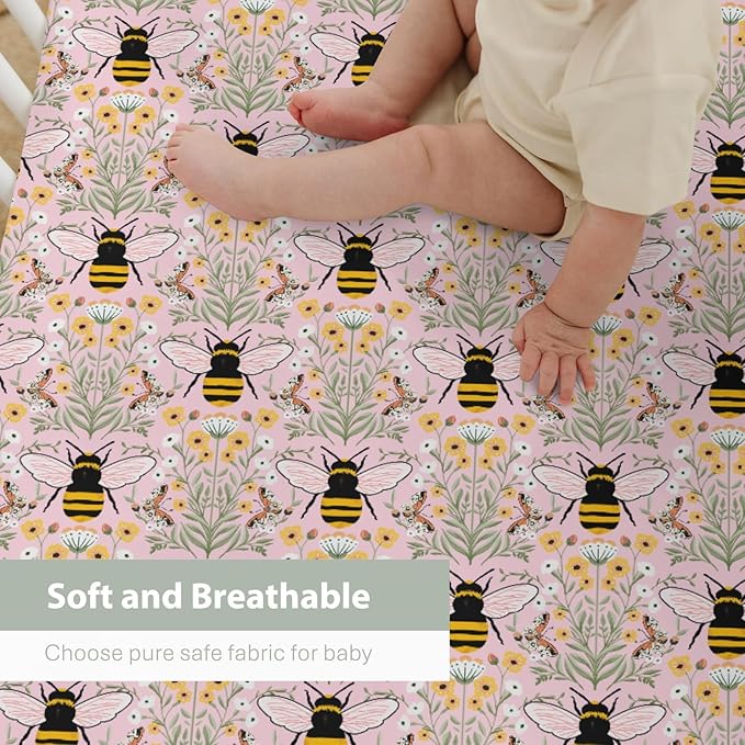 Bee Honey Garden Pink Baby Crib Sheets for Boy Girl 52"x28" Boho Floral Bees Honey Butterflies Soft Snug Fitted Crib Mattress Covers Spring Summer Baby Sheet for Standard Crib & Toddler Bed Mattress