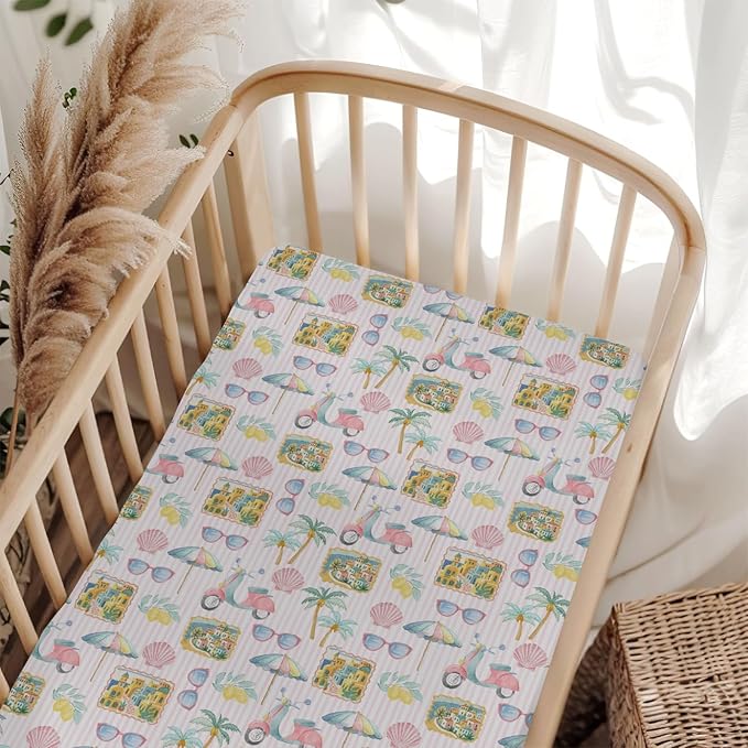 Pastel Summer Beach Baby Crib Sheets for Boy Girl 52"x28" Lemon Palm Tree Seaside Village Stripes Soft Snug Fitted Crib Mattress Cover Vibrant Coastal Baby Sheet for Crib & Toddler Bed Mattress
