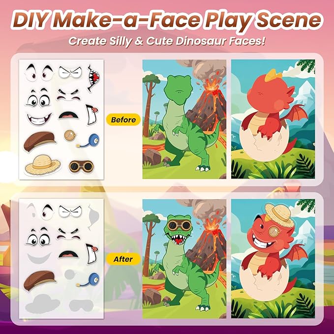 Dinosaur Reusable Sticker Book for Toddlers, DIY Make-a-face Animals Fun Jelly Stickers, Washable Puffy Stickers for Kids Toys, Airplane Road Trip Travel Activities Essentials for Kids 3 4 5 Years