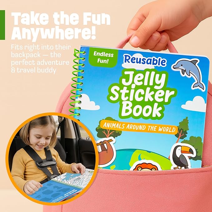 Reusable Sticker Book - Animals - 50 Jelly Stickers for Toddlers & Kids 3-5: Fun Travel Toys, Kids Travel Activities & Easter Gifts for Kids - Sticker Books for Toddlers 3 Years Old 1-3 2-4
