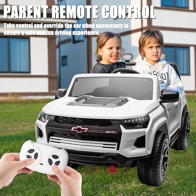 POSTACK Kids 24V 7Ah Kids Ride On Toy Car Chevrolet Official License 2 Seats Ride On Truck with Remote Control, LED Lights and Bluetooth Music Play Children Gifts for Girls and Boys Toy White