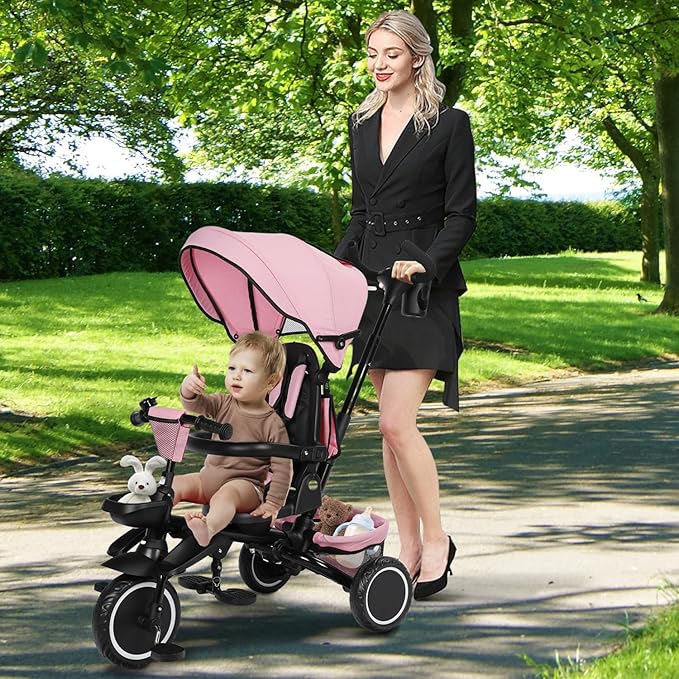 Folding Kids Tricycle, 8 in 1 Baby Trike W/Removable & Adjustable Canopy, Parent Handle, 5-Piont Safety Harness, Toddler Bike Stroller for Kids 1-6 Years, EVA Wheels, Storage Basket, Pink