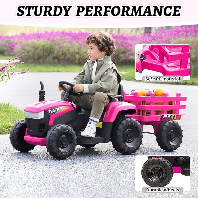 TOBBI Kids Electric Ride On Toy Tractor, Toddlers 12V Battery-Powered Car to Drive, 35W Dual Motor 6-Wheels Trailer Vehicle with 3-Speeds/LED & Horn Functions for Chirdren Aged 3-6-Pink