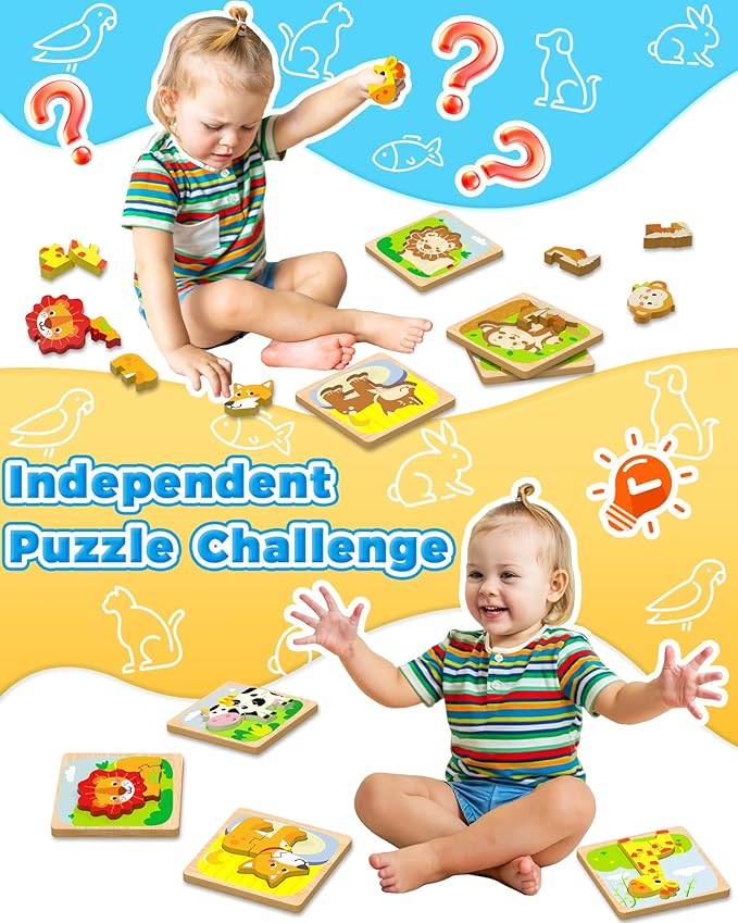 Benresive Wooden Toddler Puzzles, 8pcs Animal Montessori Toys for 1-3 Year Old Boys & Girls, Learning Educational Preschool Toys, Great Gifts for 1 2 3 Year Olds