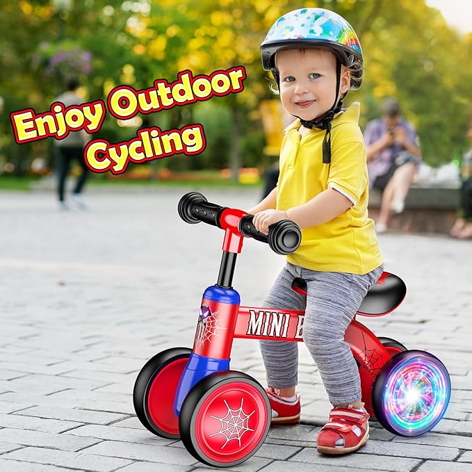 Baby Balance Bike 1 2 Year Old: Spider Baby Bike for 10-24 Month with Light & 4 Wheels Babies Boy Gifts Toddler First Riding on Toys First Christmas Birthday Gift for 1+ Year Old Boy & Girl