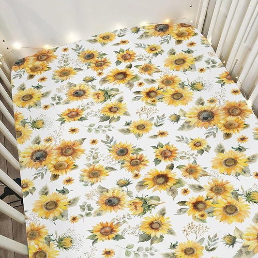 Yellow Sunflower Floral Baby Crib Sheets for Boy Girl 52"x28" Boho Sunflowers Leaves Soft Snug Fitted Crib Mattress Cover Summer Spring Garden Baby Sheet for Standard Crib and Toddler Bed Mattresses
