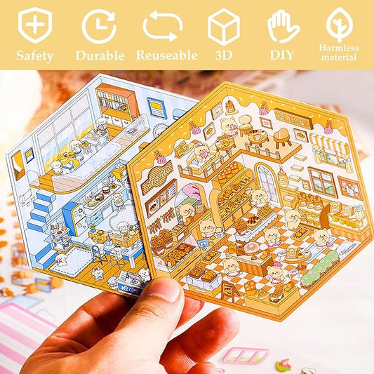 DIY 3D Sticker Scene, 6 Sets of Cute Miniature Isometric Stickers for Kids Adult Therapy Scenes Sticker Reuseable and Waterproof Stickers for Girl, Holiday & Christmas Fun