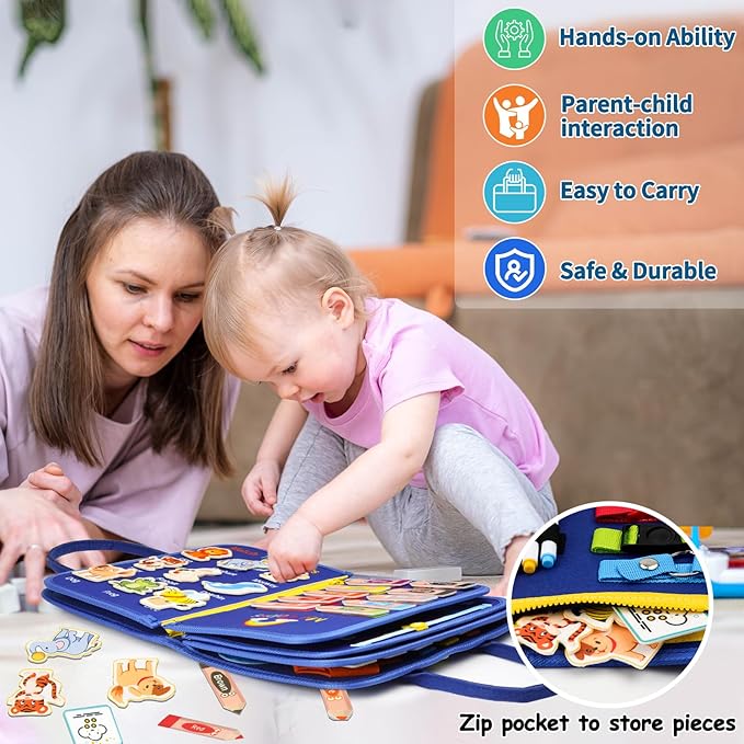 Toddler Busy Board, Montessori Toys for Boys, Sensory Board Birthday Gifts - Educational Busy Book, Learning toys for Toddlers, Preschool Learning Activities and Travel Toys for Airplane Car, Blue