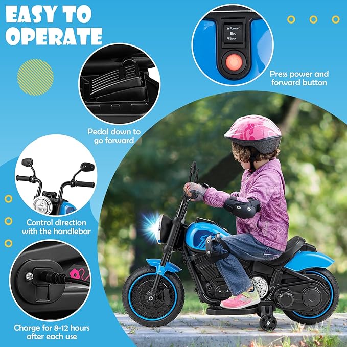 HONEY JOY Ride On Motorcycle, 6V Toddler Motorcycle with LED Light, Music, Foot Pedal, Forward/Backward, Soft Start, 3-Wheel Battery Powered Electric Motorcycle for Kids, Gift for Boys Girls (Blue)