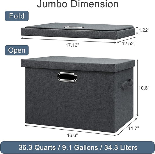 Graciadeco Large 17" 36 Quart Collapsible Stackable Storage Bins with Lids, 3 Packs Dark Gray Foldable Fabric Closet Storage Boxes with Lids, Heavy-duty Linen Cube Baskets(17x12x11)