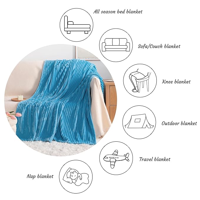 NTBAY Plush Flannel Twin Bed Blanket, 60X80 Inches Soft and Warm Lightweight Blanket with Striped Texture Bed Blanket for Couch Sofa Bed All Seasons, 60"x80", Blue