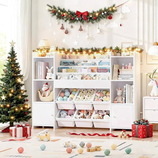 FINETONES Toy Storage Organizer with 6 Toy Bins, Toy Organizer Kids Bookshelf with 6 Cubbies, Toy Organizers and Storage Bins Playroom Storage for Kids Room, White