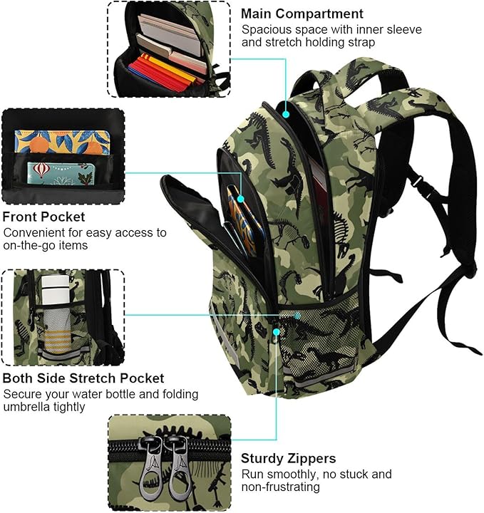 MNSRUU School Backpack with Chest Strap, Dinosaur Camouflage Pattern Laptop Backpack, Travel Hiking Backpack for Boys Girls, Rucksack, Knapsack