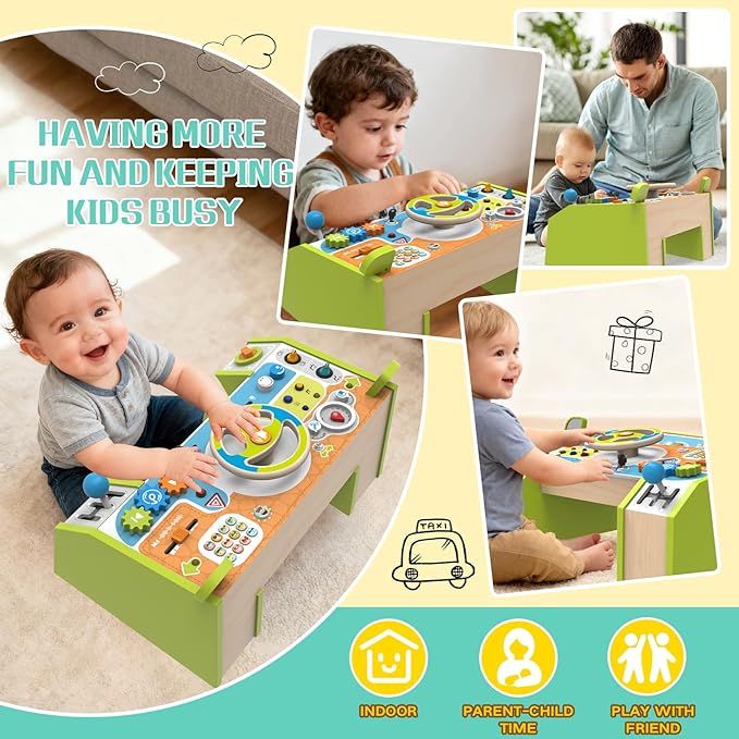 Montessori Car Busy Board for Toddlers, Wooden Sensory Steering Wheel Activity Baby Toy with Lights, Buttons, Gears & Key Start, Kids Interactive Educational Toys for Boys Girls