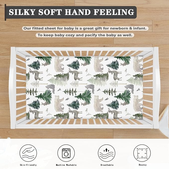 Woodland Forest Animals Fitted Crib Sheet for Boys Girls Watercolor Pine Tree Baby Sheet for Standard Crib and Toddler Rabbit Deer Bear Nursery Bed Mattress Sheets 28"x52"