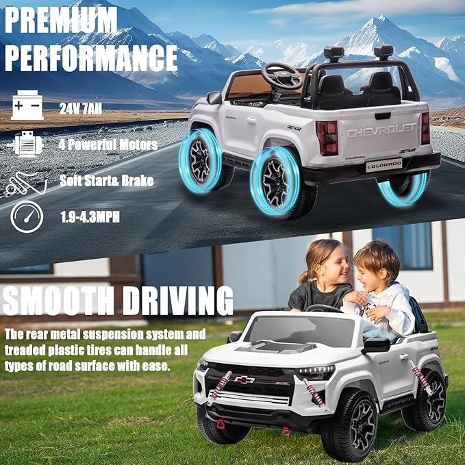 POSTACK Kids 24V 7Ah Kids Ride On Toy Car Chevrolet Official License 2 Seats Ride On Truck with Remote Control, LED Lights and Bluetooth Music Play Children Gifts for Girls and Boys Toy White