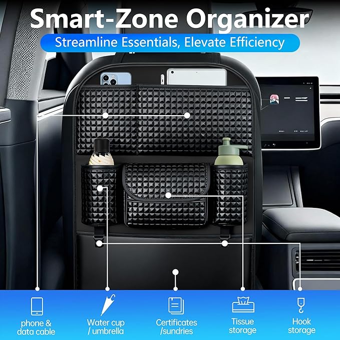 QIANKUNBAG Back Seat Cover For Kids + 5 Pocket Storage Organizer, 1 Pack X-Large Waterproof Kick Mats Backseat Protector, Car Seat Back Protectors For Vehicles To Protect From Dirt, Mud & Scratches