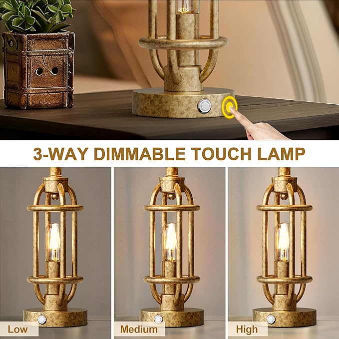 G-SAFAVA 23.75'' Table Lamps Set of 2 for Living Room Bedroom Industrial Farmhouse Metal Touch Lamps with USB A+C Ports, Night Light Vintage Nightstand Bedside Lamp, Bulbs Included, Champagne Gold