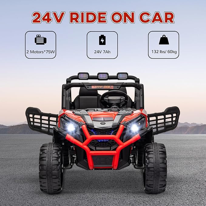 Qaba 24V 2 Seater Ride on Car, Electric Off-Road UTV Truck w/Parent Remote Control, Music, Lights, Ride on Toy for Kids Ages 3-8, Red