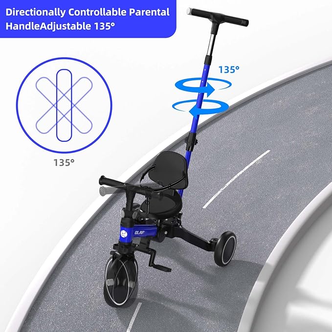 Glaf Tricycle for Toddlers 1-3 Toddler Bike with Push Handle 2-4 Years Baby Bike Toy for 1 Year Old Boys and Girls Balance Bike with Removable Pedal, Backrest, Adjustable Seat, Gifts (Blue)