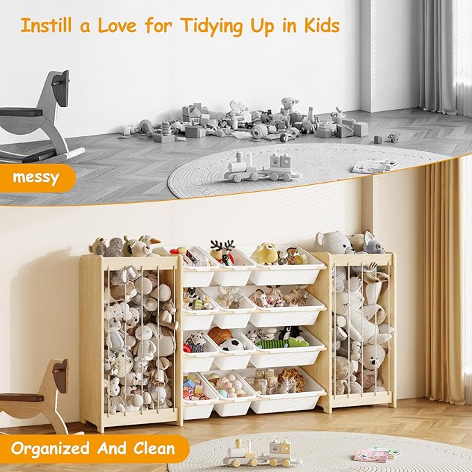 EXPERLAM Toy and Stuffed Animal Storage, 12-Bin Toy Shelf with Double-Sided Stuffed Animal Holder & Thicker Elastic Ropes, Space-Saving Solid Wood Toy Organizer for Playroom, Nursery, Bedroom, White