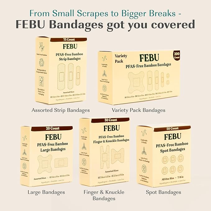 FEBU Eco-Friendly Bamboo Fingertip Bandages | PFAS Free Knuckle Bandages for First Aid | Flexible Fabric Wound Dressing | Fully Compostable, Latex Free Bandage | 30 Count Knuckle & Finger Bandage