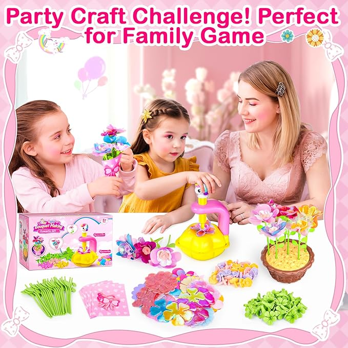 Osllate DIY Arts and Crafts for Kids Flower Toys with Lighted vase, Upgraded Unicornous Design Fabric Bouquet Craft Kits for Kids Toys for Girls Christmas Birthday for 3-12+ Year Old, Pink